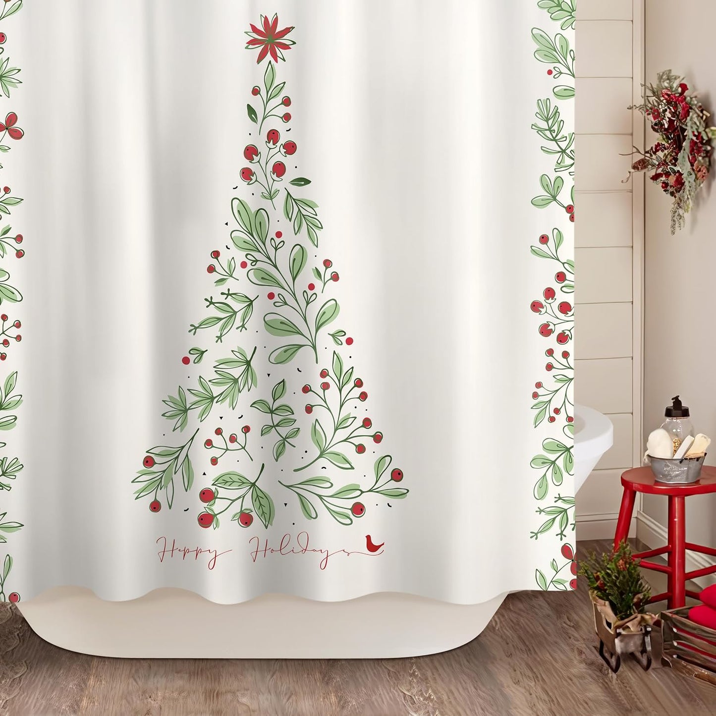 Sunlit Christmas Shower Curtain, Green Xmas Pine Tree with Red Star Ornament Holiday Floral Holly Berries Decorations Festive Bathroom Fabric Shower Curtain, Home Decor Tapestry, 72" x 72"