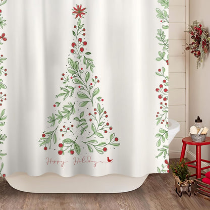 Sunlit Christmas Shower Curtain, Green Xmas Pine Tree with Red Star Ornament Holiday Floral Holly Berries Decorations Festive Bathroom Fabric Shower Curtain, Home Decor Tapestry, 72" x 72"