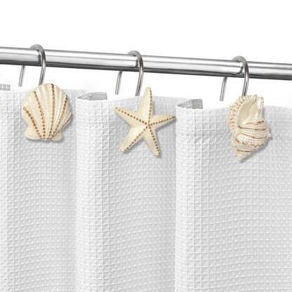 Sunlit Seashells Decorative Shower Curtain Hooks, Scallop Nautilus & Seahorse Shower Curtain Rings, Seashell Blush, Resin, Nautical Bathroom Decoration Beach Shower Curtain Hooks-12 Pack