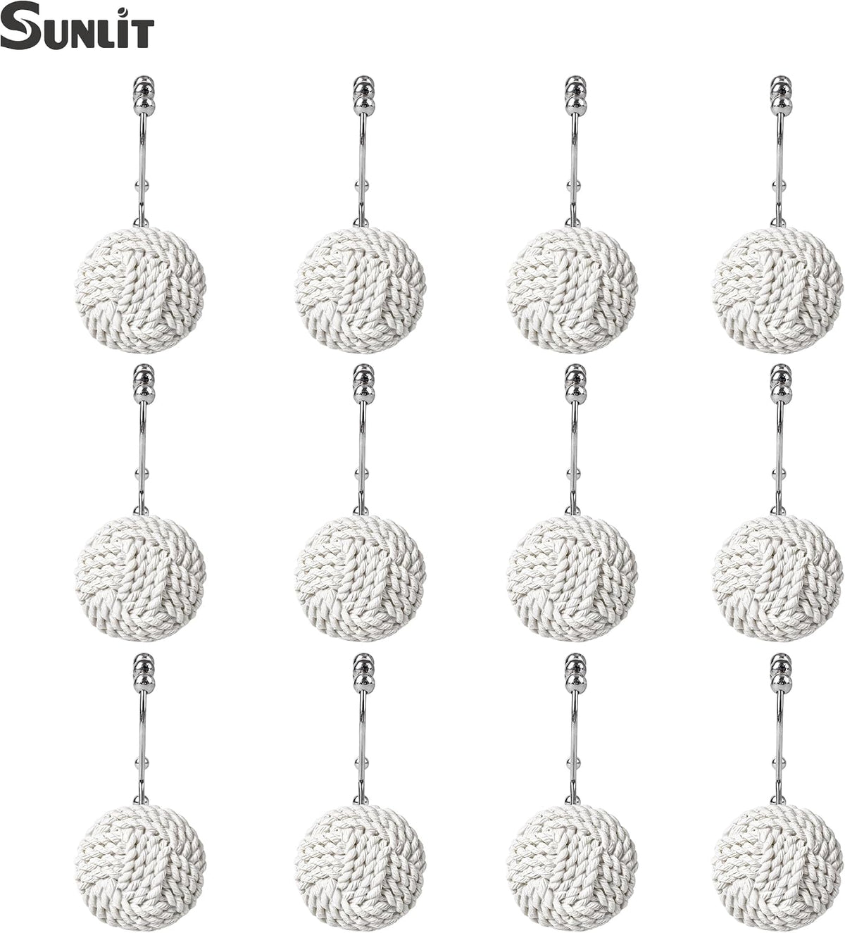 Sunlit Boho Knots Double Shower Curtain Hooks, Home Decorative White Shower Curtain Rings for Bathroom, Seaside Nautical Shower Curtain Hangers Bathroom Accessories, Set of 12