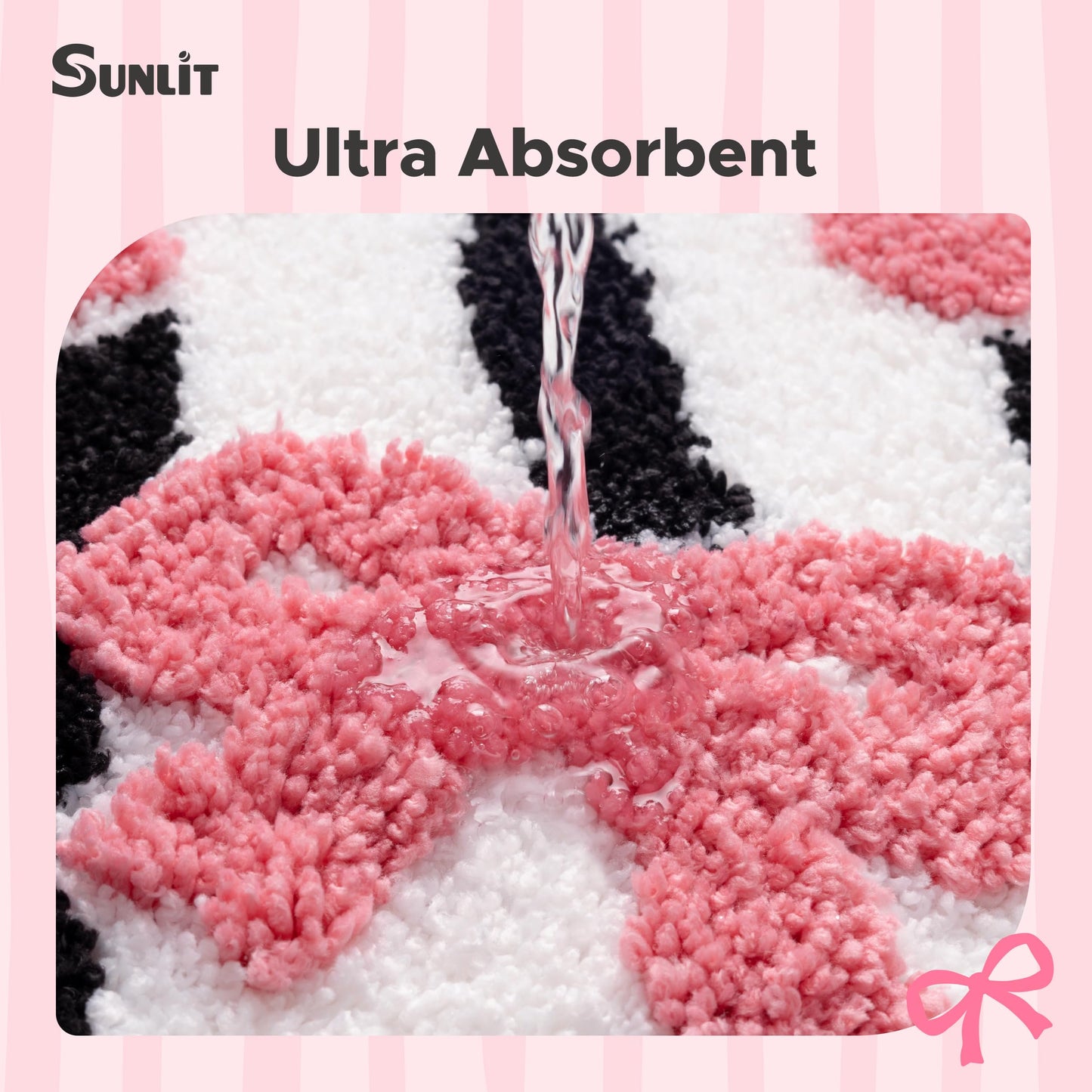 Sunlit Cute Bow Bathroom Rugs 32x20, Coquette Pink Bow Rug for Bedroom, Extra Soft Super Absorbent Bath Mat Quick Dry, Shaggy Bath Rug Non-Slip Washable Bathroom Floor Mat, Pink Stripe