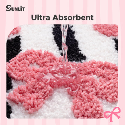 Sunlit Cute Bow Bathroom Rugs 32x20, Coquette Pink Bow Rug for Bedroom, Extra Soft Super Absorbent Bath Mat Quick Dry, Shaggy Bath Rug Non-Slip Washable Bathroom Floor Mat, Pink Stripe