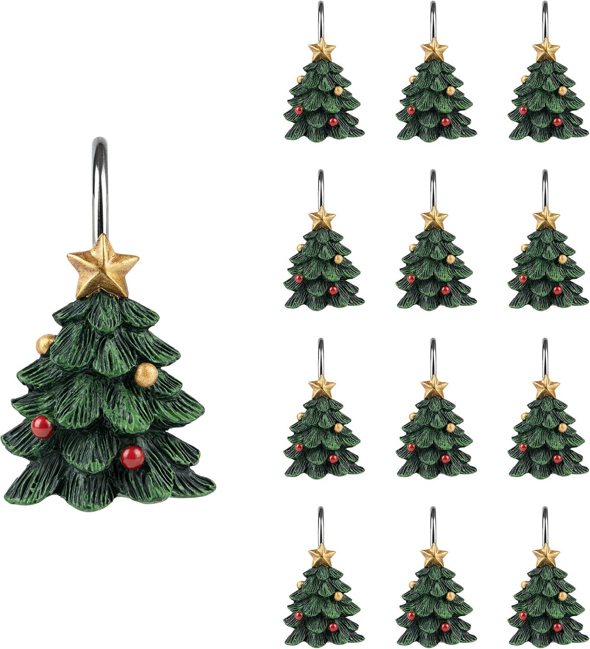 Sunlit Christmas Tree Decorative Shower Curtain Hooks with Star, Green Shower Curtain Rings, Resin, Xmas Theme Winter Holiday Bathroom Decoration, Set of 12