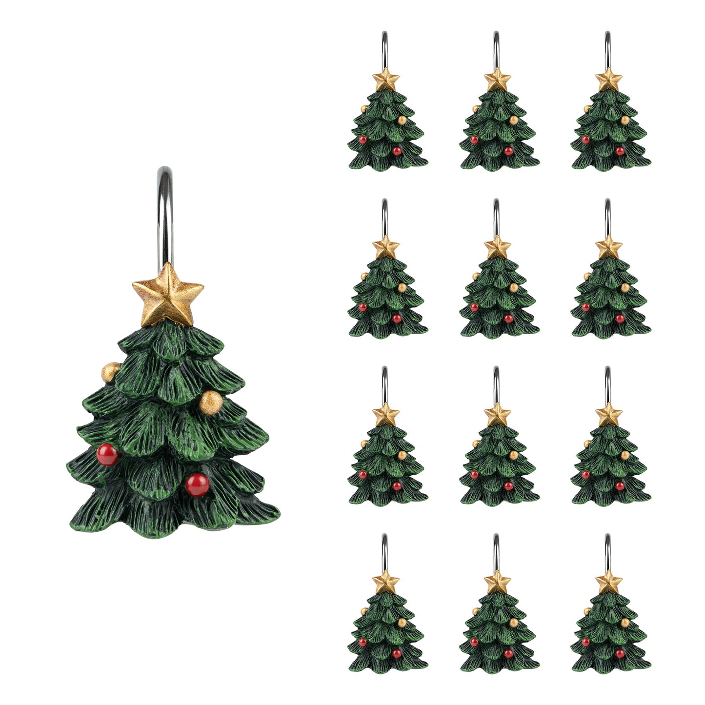 Sunlit Christmas Tree Decorative Shower Curtain Hooks with Star, Green Shower Curtain Rings, Resin, Xmas Theme Winter Holiday Bathroom Decoration, Set of 12