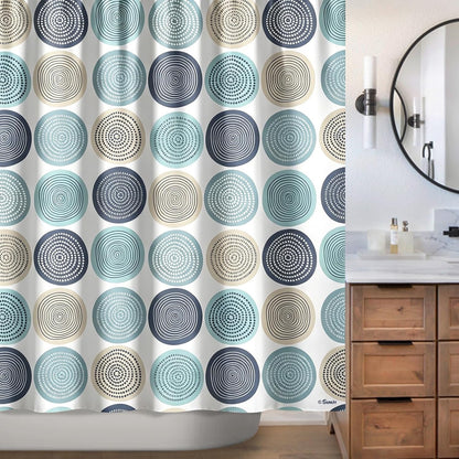 Sunlit Abstract Tree Rings Woody Artistic Fabric Shower Curtain. Nature Pale Blue Teal Beige Light Brown