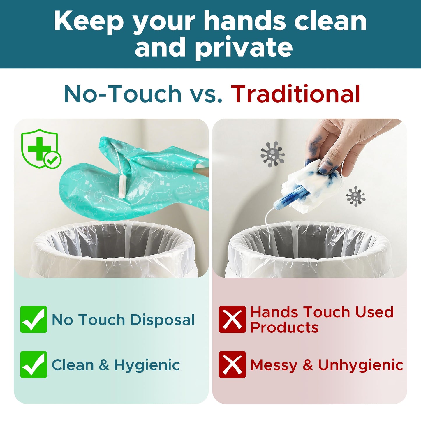 Sunlit No-Touch Feminine Hygiene Disposal Bags, Hygienic Odor-Reducing and Discreet Solution for Tampons Pads Liners and More, Size L - 20 Count