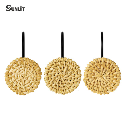Sunlit Boho Decorative Shower Curtain Hooks, Woven Wicker Ratten Beige Shower Curtain Rings for Bathroom, Farmhouse Shower Curtain Hangers Bathroom Accessories, Set of 12