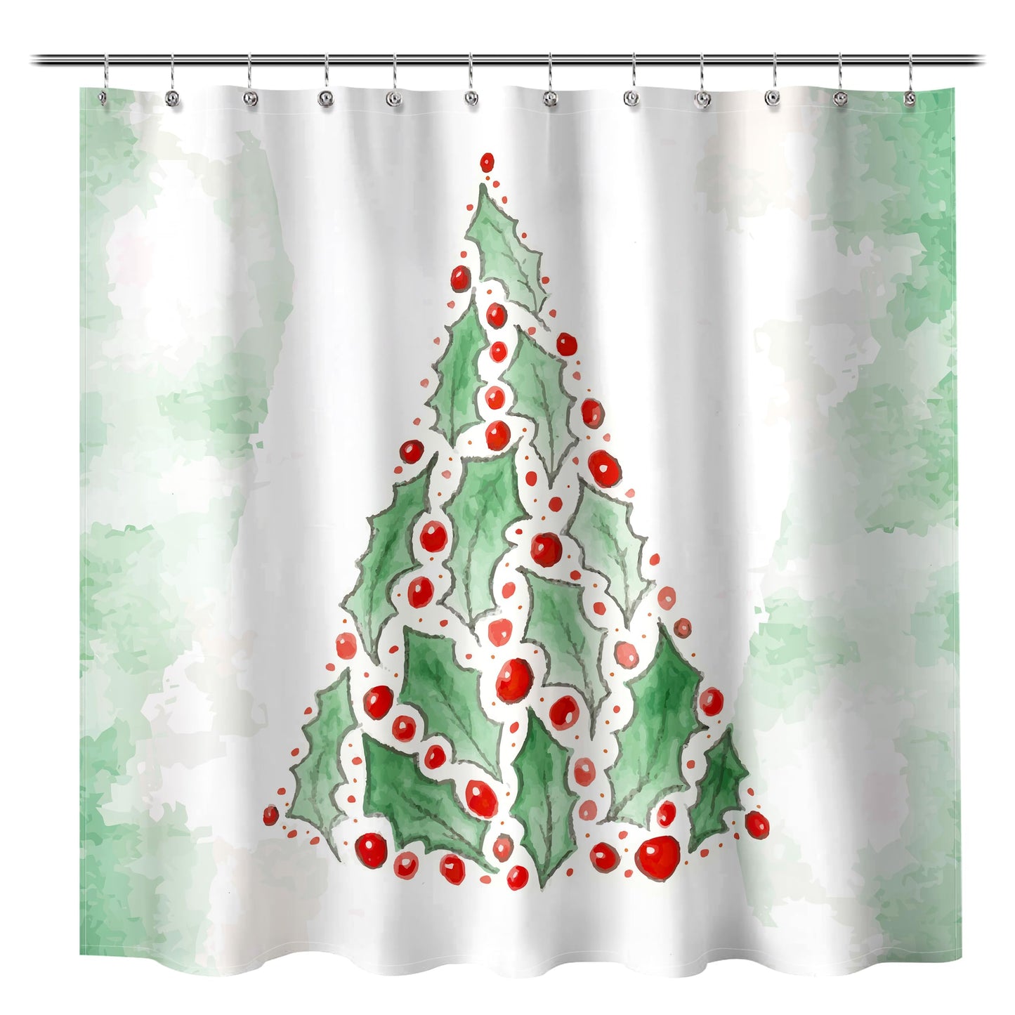 Sunlit Christmas Shower Curtain, Green Xmas Pine Tree with Red Star Ornament Holiday Floral Holly Berries Decorations Festive Bathroom Fabric Shower Curtain, Home Decor Tapestry, 72" x 72"