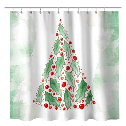 Sunlit Christmas Shower Curtain, Green Xmas Pine Tree with Red Star Ornament Holiday Floral Holly Berries Decorations Festive Bathroom Fabric Shower Curtain, Home Decor Tapestry, 72" x 72"