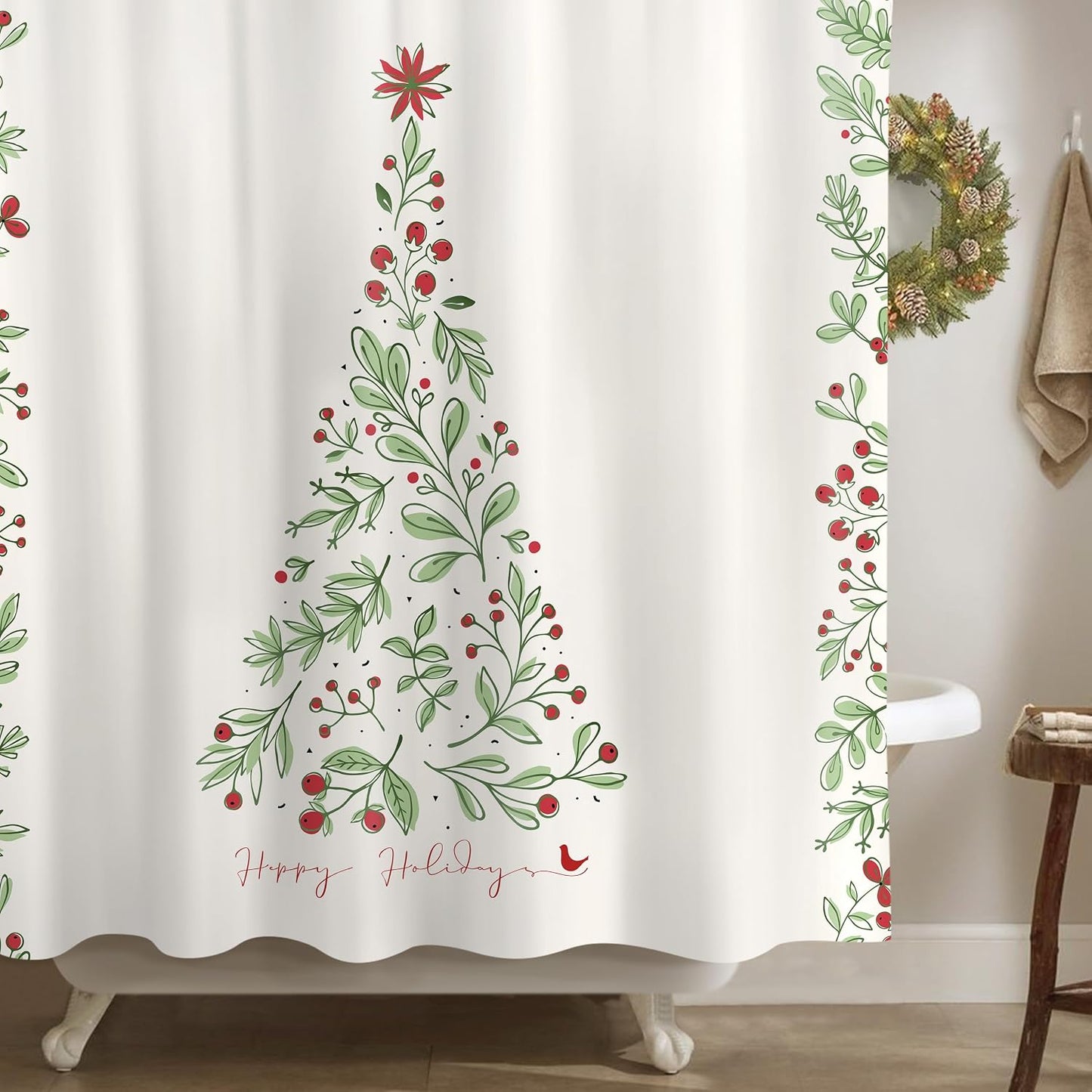 Sunlit Christmas Shower Curtain, Green Xmas Pine Tree with Red Star Ornament Holiday Floral Holly Berries Decorations Festive Bathroom Fabric Shower Curtain, Home Decor Tapestry, 72" x 72"