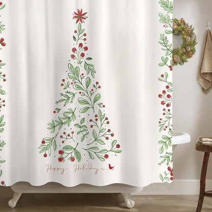 Sunlit Christmas Shower Curtain, Green Xmas Pine Tree with Red Star Ornament Holiday Floral Holly Berries Decorations Festive Bathroom Fabric Shower Curtain, Home Decor Tapestry, 72" x 72"