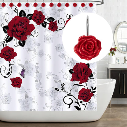 Sunlit Rose Shower Curtain Hooks, Home Decorative Flower Shower Curtain Rings for Bathroom, Resin, Pink Floral Shower Curtain Hanger Hooks for Living Room, Set of 12