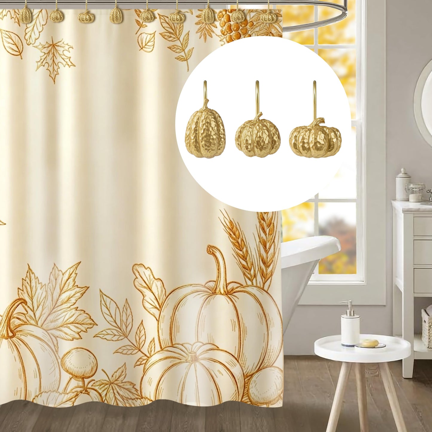Sunlit Fall Pumpkin Decorative Shower Curtain Hooks, Autumn Harvest Festival Shower Curtain Rings, Resin, Orange Farmhouse Bathroom Curtain Hangers Decoration, Set of 12