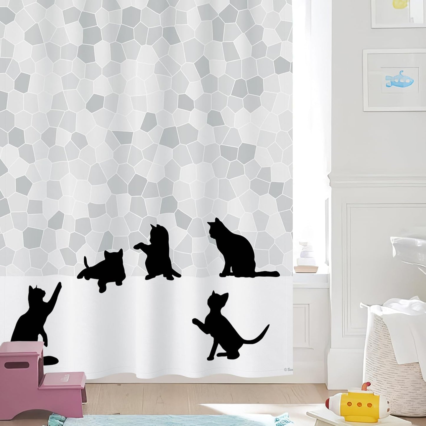 Sunlit Design Black Cat Silhouette and Gray Mosaic Fabric Shower Curtain. Grey and White