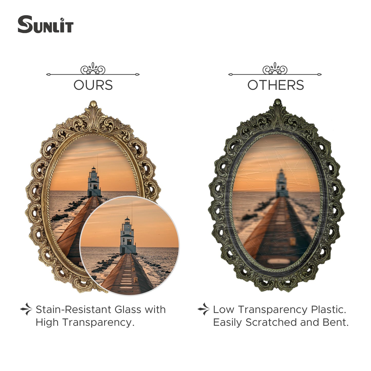 Sunlit Vintage Picture Frame 4x6 Inch, Oval Antique Photo Frames with Glass Front, Luxury Photo Display, Tabletop Wall Hanging, Gift Ideas, White