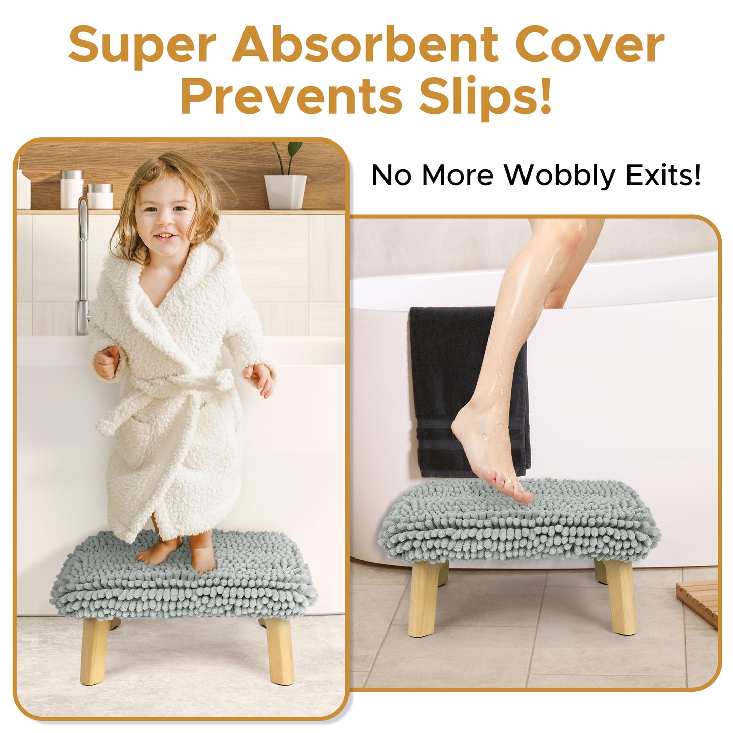 Sunlit One Step Stool with Absorbent Chenille, Stool Holds up to 550 lbs, Non-Slip Wood Foot Stool, Wooden Step Stool for Adults, Step Stools for Kids, Kitchen Bathroom Bedroom, Taupe