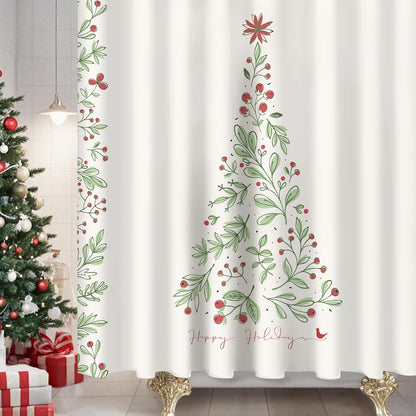 Sunlit Christmas Shower Curtain, Green Xmas Pine Tree with Red Star Ornament Holiday Floral Holly Berries Decorations Festive Bathroom Fabric Shower Curtain, Home Decor Tapestry, 72" x 72"
