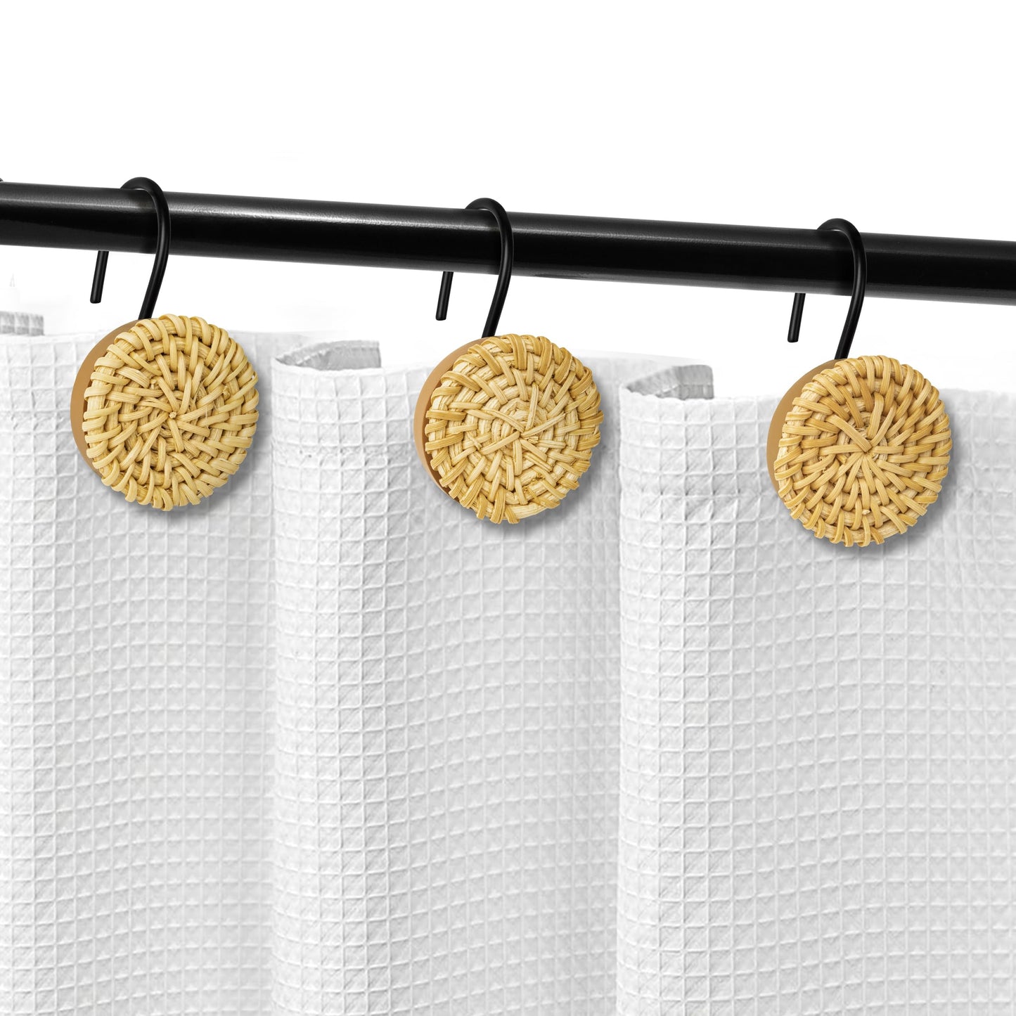 Sunlit Boho Decorative Shower Curtain Hooks, Woven Wicker Ratten Beige Shower Curtain Rings for Bathroom, Farmhouse Shower Curtain Hangers Bathroom Accessories, Set of 12