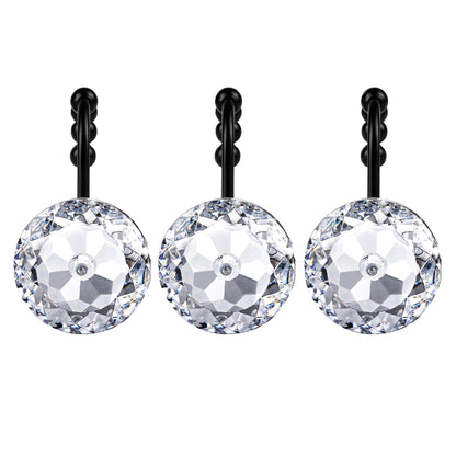 Sunlit Luxury Design Round Clear Diamond Crystal Gem Bling with Glide Balls Shower Curtain Hooks, Rust Proof Metal Rhinestones Glam Shower Curtain Rings, Set of 12
