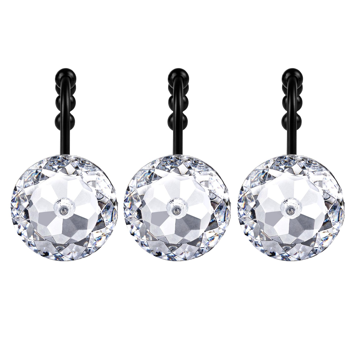 Sunlit Luxury Design Round Clear Diamond Crystal Gem Bling with Glide Balls Double Shower Curtain Hooks, Rust Proof Metal Rhinestones Glam Shower Curtain Rings-12 Pack