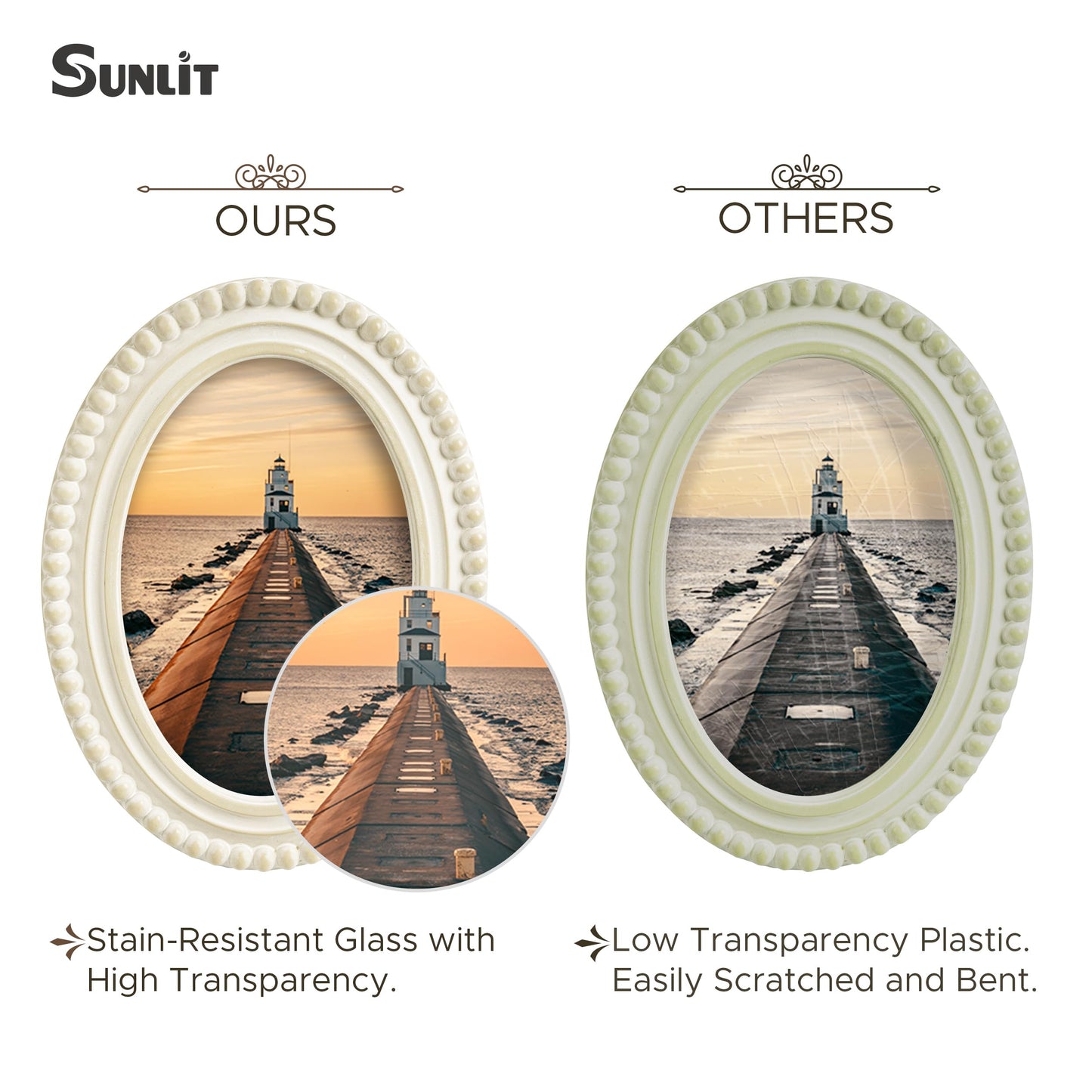 Sunlit Boho Vintage Picture Frame 8x10 Inch with Beaded Border, Oval Luxury Antique Photo Frames with Glass Front, Photo Display, Tabletop Wall Hanging, Gift Idea, Distressed White