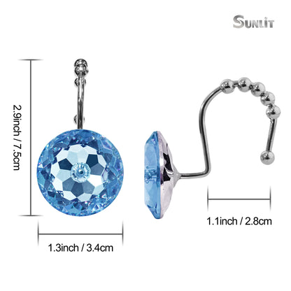 Sunlit Luxury Design Round Clear Diamond Crystal Gem Bling with Glide Balls Double Shower Curtain Hooks, Rust Proof Metal Rhinestones Glam Shower Curtain Rings-12 Pack