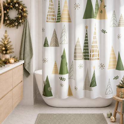 Sunlit Geometric Modern Design Christmas Shower Curtain Christmas Tree Bathroom Home Office Holiday Wall Decoration as Tapestry and Photo Booth Backdrop Red Green White Printed