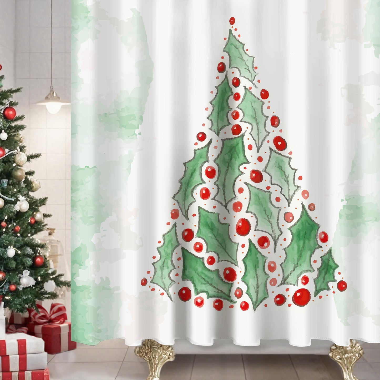 Sunlit Christmas Shower Curtain, Green Xmas Pine Tree with Red Star Ornament Holiday Floral Holly Berries Decorations Festive Bathroom Fabric Shower Curtain, Home Decor Tapestry, 72" x 72"