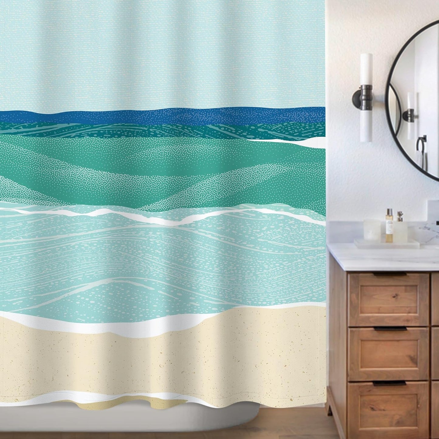 Abstract Beach Shower Curtain, Blue Seashore Ocean Shower Curtains for Modern Bathroom Decor, Coastal Sea Waves Bathroom Curtains, 72x72