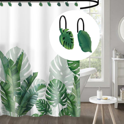Tropical Leaf Decorative Shower Curtain Hooks, Green Botanical Shower Curtain Rings with Black Hooks, Resin, Monstera Deliciosa Leaves Shower Curtain Hangers for Bathroom, Set of 12
