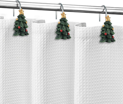 Sunlit Christmas Tree Decorative Shower Curtain Hooks with Star, Green Shower Curtain Rings, Resin, Xmas Theme Winter Holiday Bathroom Decoration, Set of 12