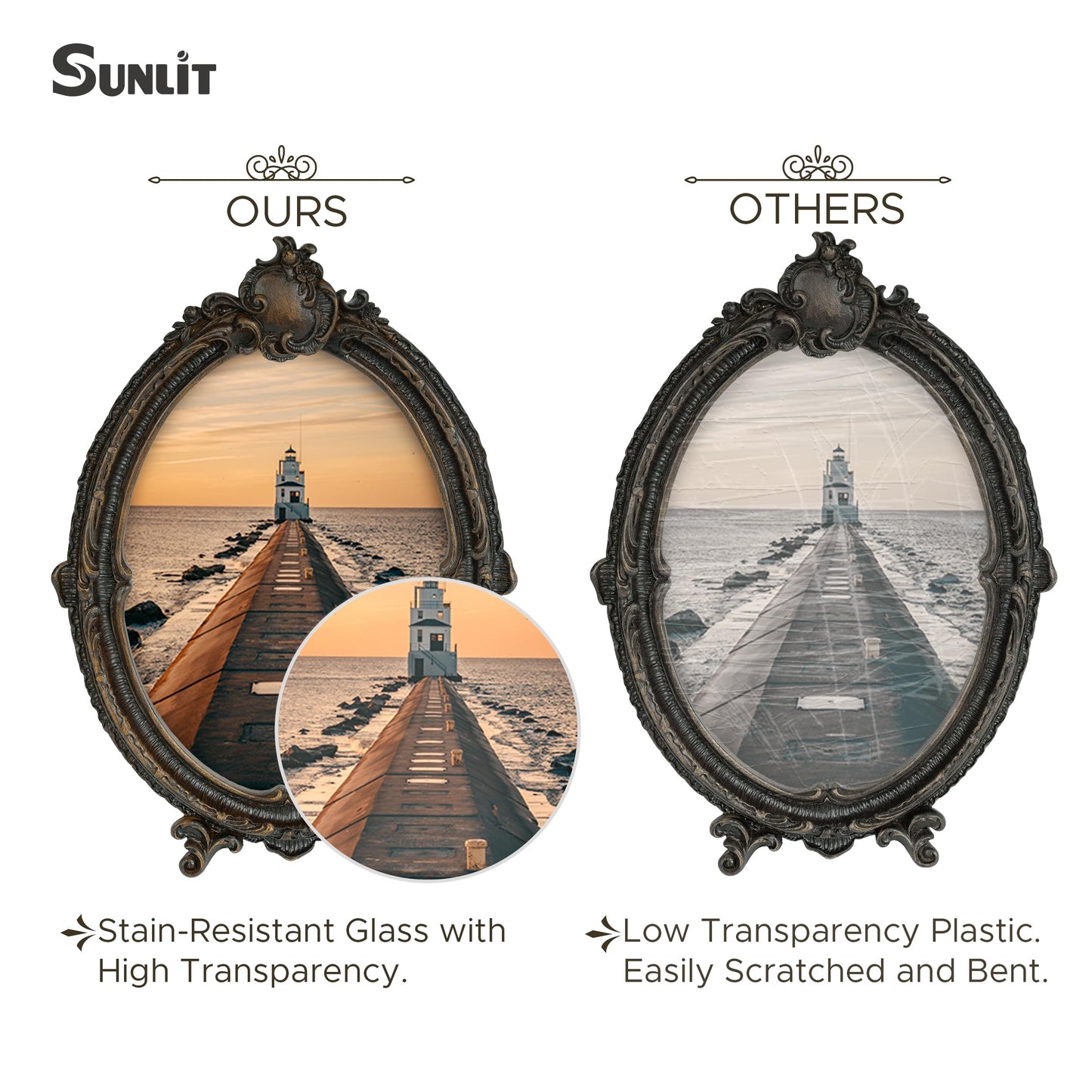 Sunlit Vintage Picture Frame 4x6 Inch, Oval Antique Photo Frames with Glass Front, Luxury Photo Display, Tabletop Wall Hanging, Gift Ideas, Brown
