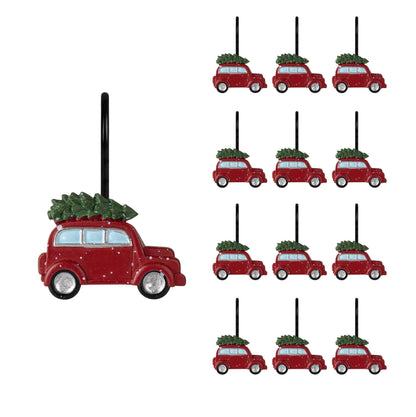 Sunlit Christmas Shower Curtain Hooks, Vintage Red Truck with Snow Xmas Tree Shower Curtain Rings, Resin, Rustic Farmhouse Christmas Decor, Winter Bathroom Decoration, Set of 12