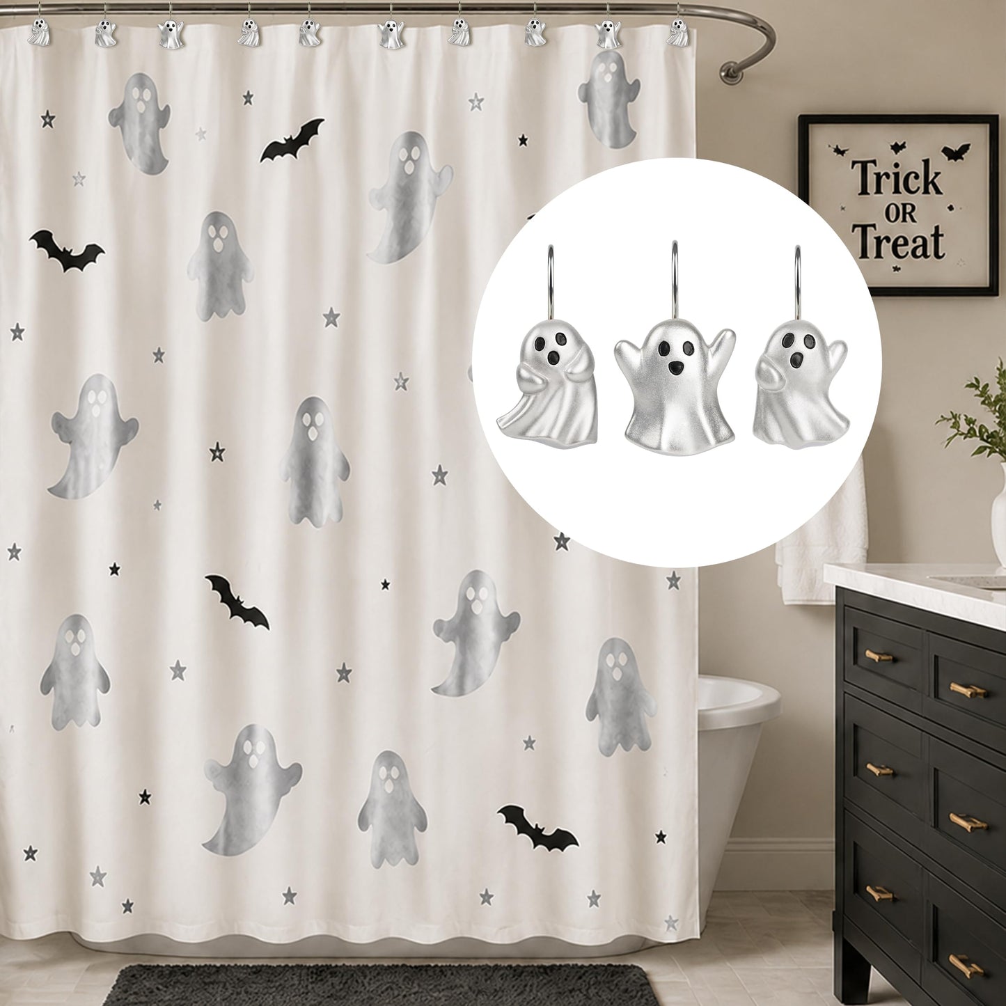 Sunlit Ghost Shower Curtain Hooks, Home Decorative Shower Curtain Rings for Bathroom, Halloween Shower Curtain Hangers Bathroom Accessories, Set of 12