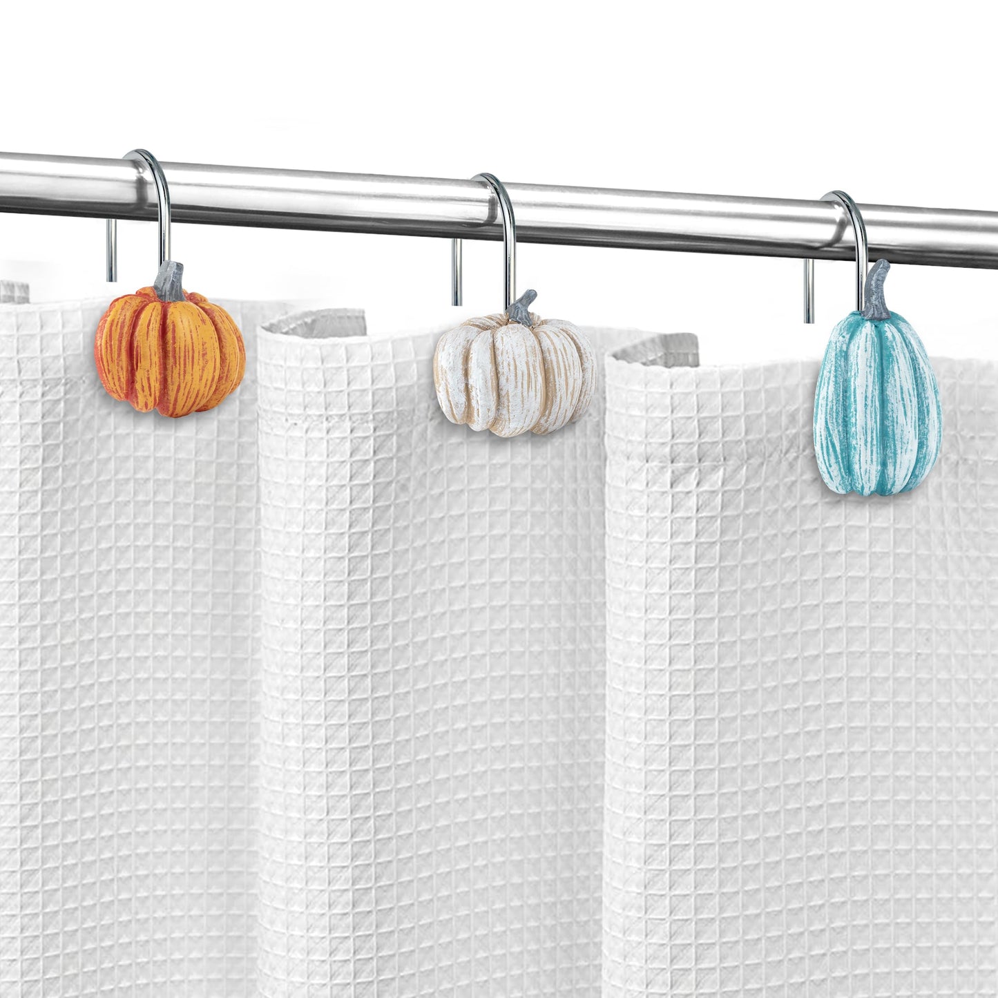 Sunlit Fall Pumpkin Decorative Shower Curtain Hooks, Autumn Harvest Festival Shower Curtain Rings, Resin, Orange Farmhouse Bathroom Curtain Hangers Decoration, Set of 12