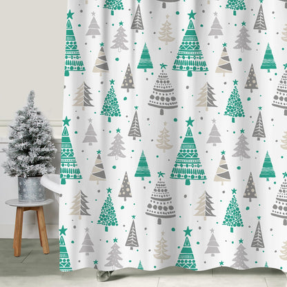 Sunlit Christmas Shower Curtain, Red and Gray Xmas Trees with Stars and Snow Pattern Shower Curtain for Bathroom Decor, 71x71 Inch