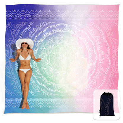 Sunlit Silky Soft Sand Proof Beach Blanket 106"x81" / 85"x72" Sand Proof Mat with Corner Pockets and Mesh Bag for Beach Party, Travel, Camping and Outdoor Music Festival, Mandala