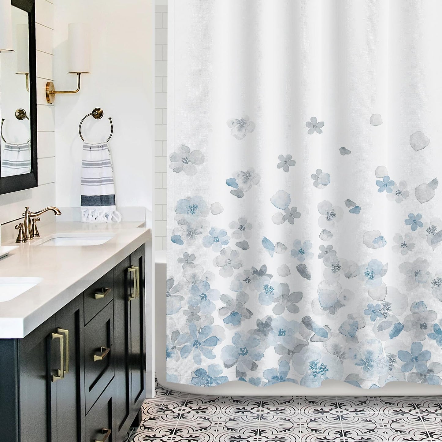 Sunlit Design Simple Style Blue and Gray Flower Blossoms Fabric Shower Curtains for Bathroom Decor with White Background, Machine Washable