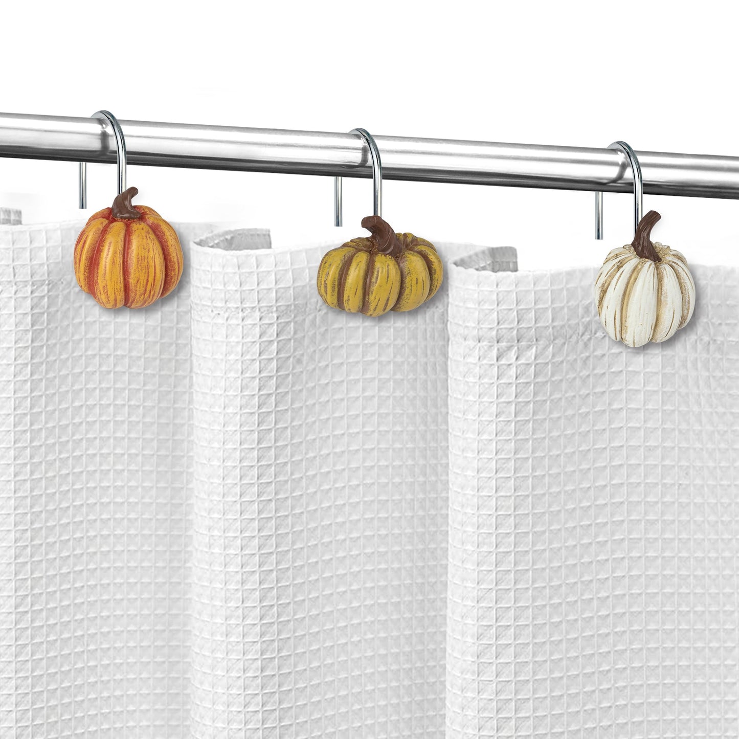 Sunlit Fall Pumpkin Decorative Shower Curtain Hooks, Autumn Harvest Festival Shower Curtain Rings, Resin, Orange Farmhouse Bathroom Curtain Hangers Decoration, Set of 12