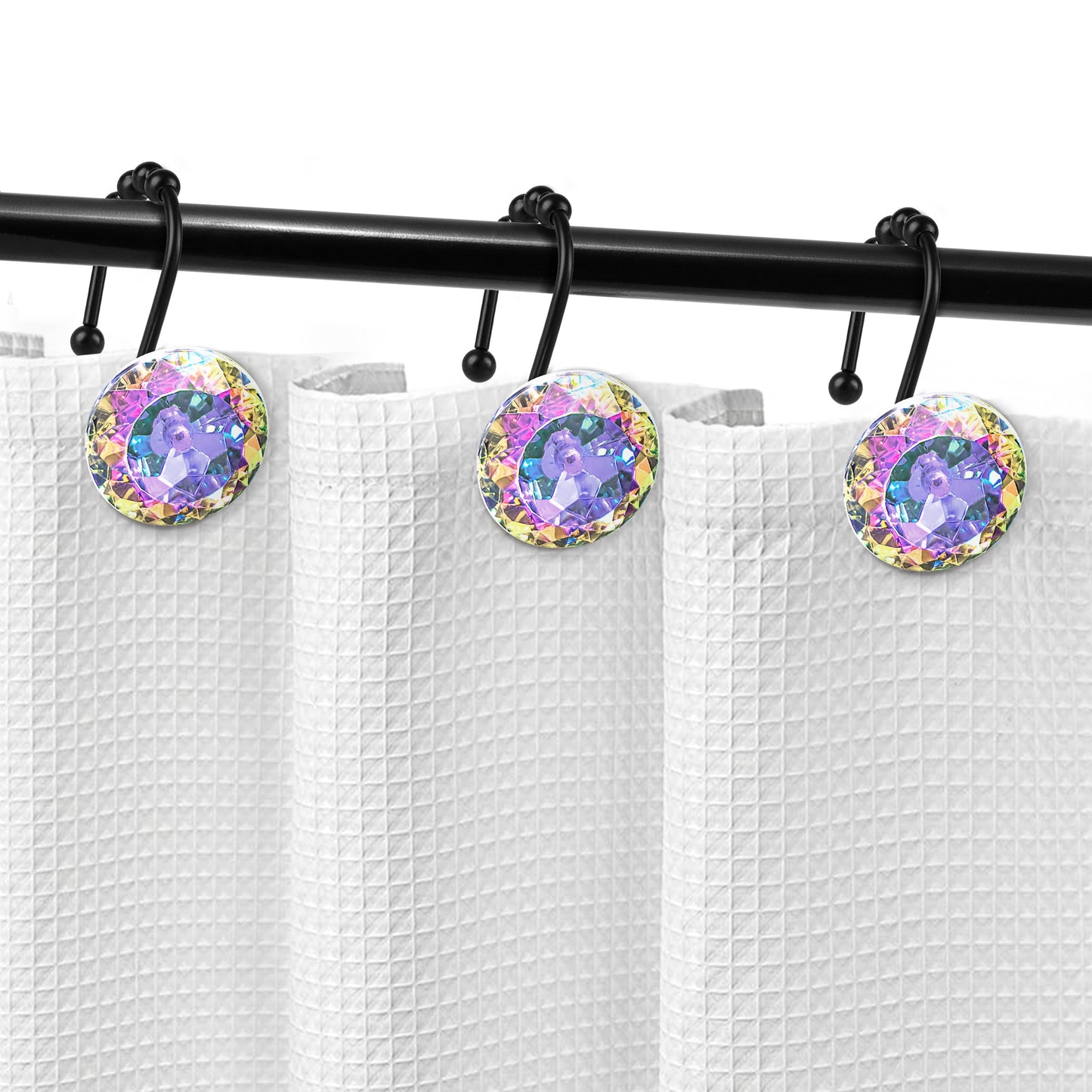 Sunlit Luxury Design Round Clear Diamond Crystal Gem Bling with Glide Balls Double Shower Curtain Hooks, Rust Proof Metal Rhinestones Glam Shower Curtain Rings-12 Pack