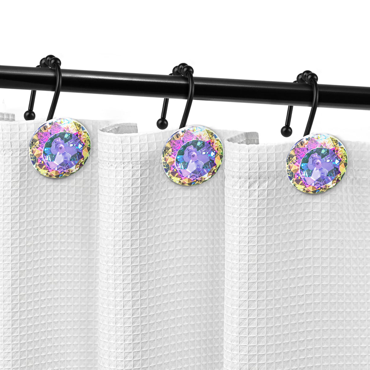 Sunlit Round Rhinestone Shower Curtain Hooks with Glide Balls, 12 Pack