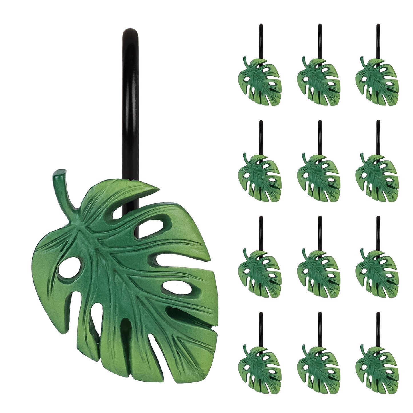 Tropical Leaf Decorative Shower Curtain Hooks Green Botanical Shower Curtain Rings, Resin, Monstera Deliciosa Leaves Shower Curtain Hangers for Bathroom, Set of 12