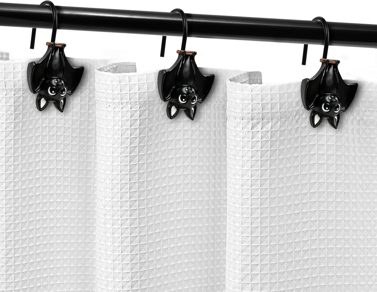 Sunlit Upside Down Bat Shower Curtain Hooks, Home Decorative Shower Curtain Rings for Bathroom, Halloween Shower Curtain Hangers Bathroom Accessories, Set of 12, Black