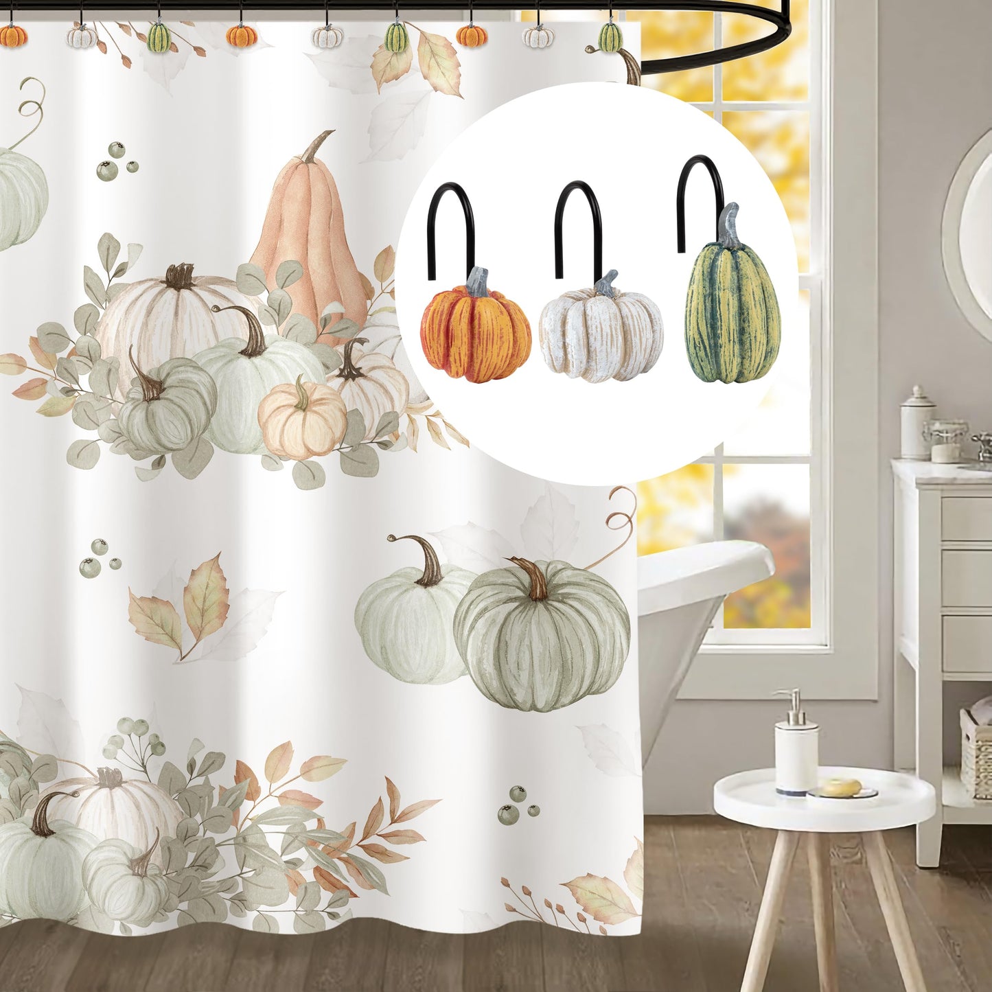 Sunlit Fall Pumpkin Decorative Shower Curtain Hooks, Autumn Harvest Festival Shower Curtain Rings, Resin, Orange Farmhouse Bathroom Curtain Hangers Decoration, Set of 12