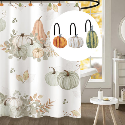Sunlit Fall Pumpkin Decorative Shower Curtain Hooks, Autumn Harvest Festival Shower Curtain Rings, Resin, Orange Farmhouse Bathroom Curtain Hangers Decoration, Set of 12