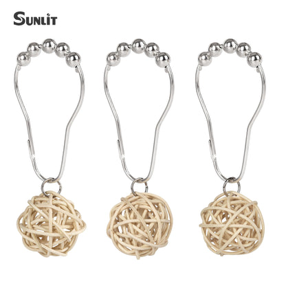 Sunlit Boho Decorative Rattan Balls Shower Curtain Hooks, Wicker Orbs Shower Curtain Rings for Bathroom, Farmhouse Shower Curtain Hangers Bathroom Accessories, Set of 12, Brown