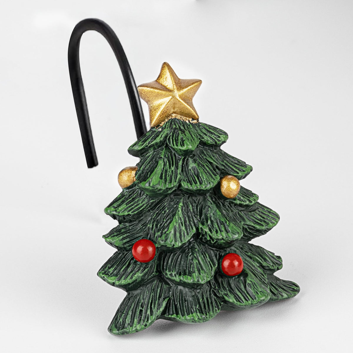 Sunlit Christmas Tree Decorative Shower Curtain Hooks with Star, Green Shower Curtain Rings, Resin, Xmas Theme Winter Holiday Bathroom Decoration, Set of 12