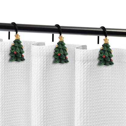 Sunlit Christmas Tree Decorative Shower Curtain Hooks with Star, Green Shower Curtain Rings, Resin, Xmas Theme Winter Holiday Bathroom Decoration, Set of 12
