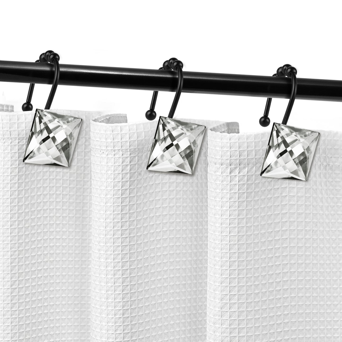 Sunlit Luxury Design Square Red Diamond Crystal Gem Bling with Glide Balls Shower Curtain Hooks, Rust Proof Metal Rhinestones Glam Shower Curtain Rings-12 Pack
