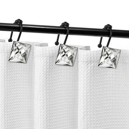 Sunlit Luxury Design Square Red Diamond Crystal Gem Bling with Glide Balls Shower Curtain Hooks, Rust Proof Metal Rhinestones Glam Shower Curtain Rings-12 Pack